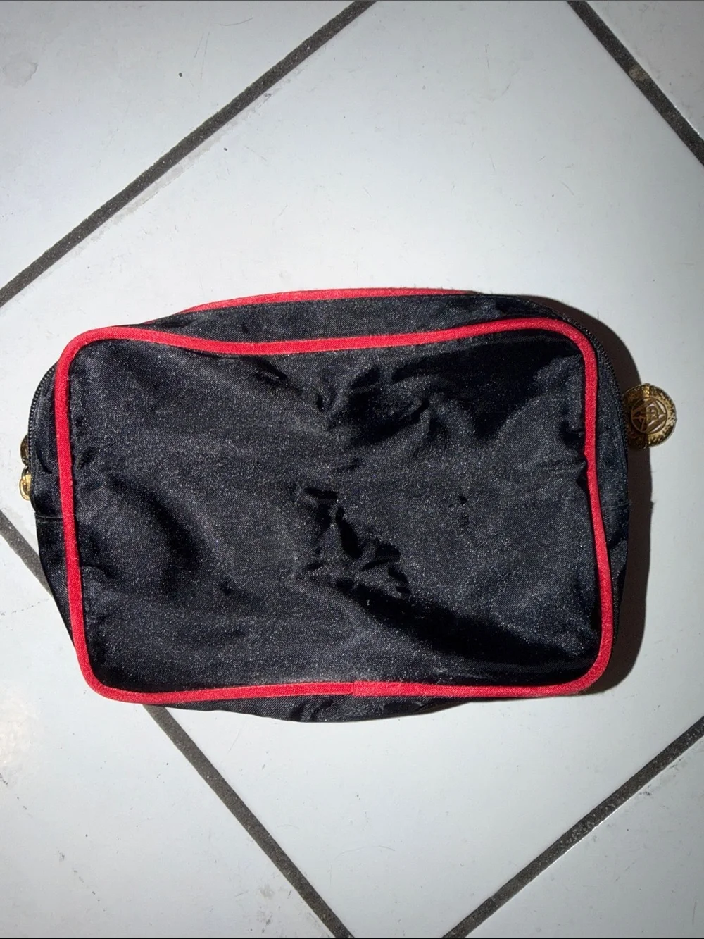 Yves Saint Laurent Red Satin Cosmetic Pouch with Black Trim